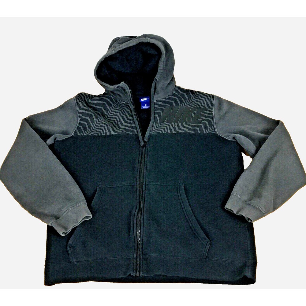 Nike Mens Full Zip Hoodie Black Gray Geometric Chevron Print‎ Fleece Large L